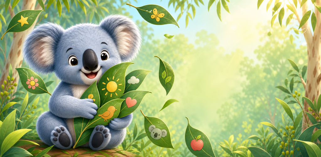 Coalinha abraçando folhas ilustradas em uma floresta de eucaliptos